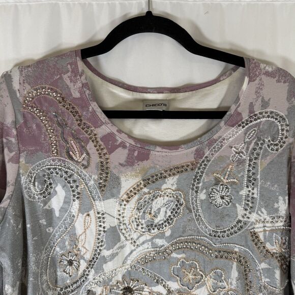 Chico's Blouse Women's Large Pink Purple Floral Beaded Round Neck Cotton Blend - Picture 2 of 12